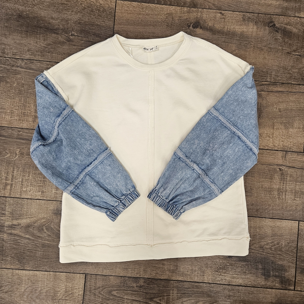 Womens Cream Denim Crewneck Sweater - Picture 3 of 5